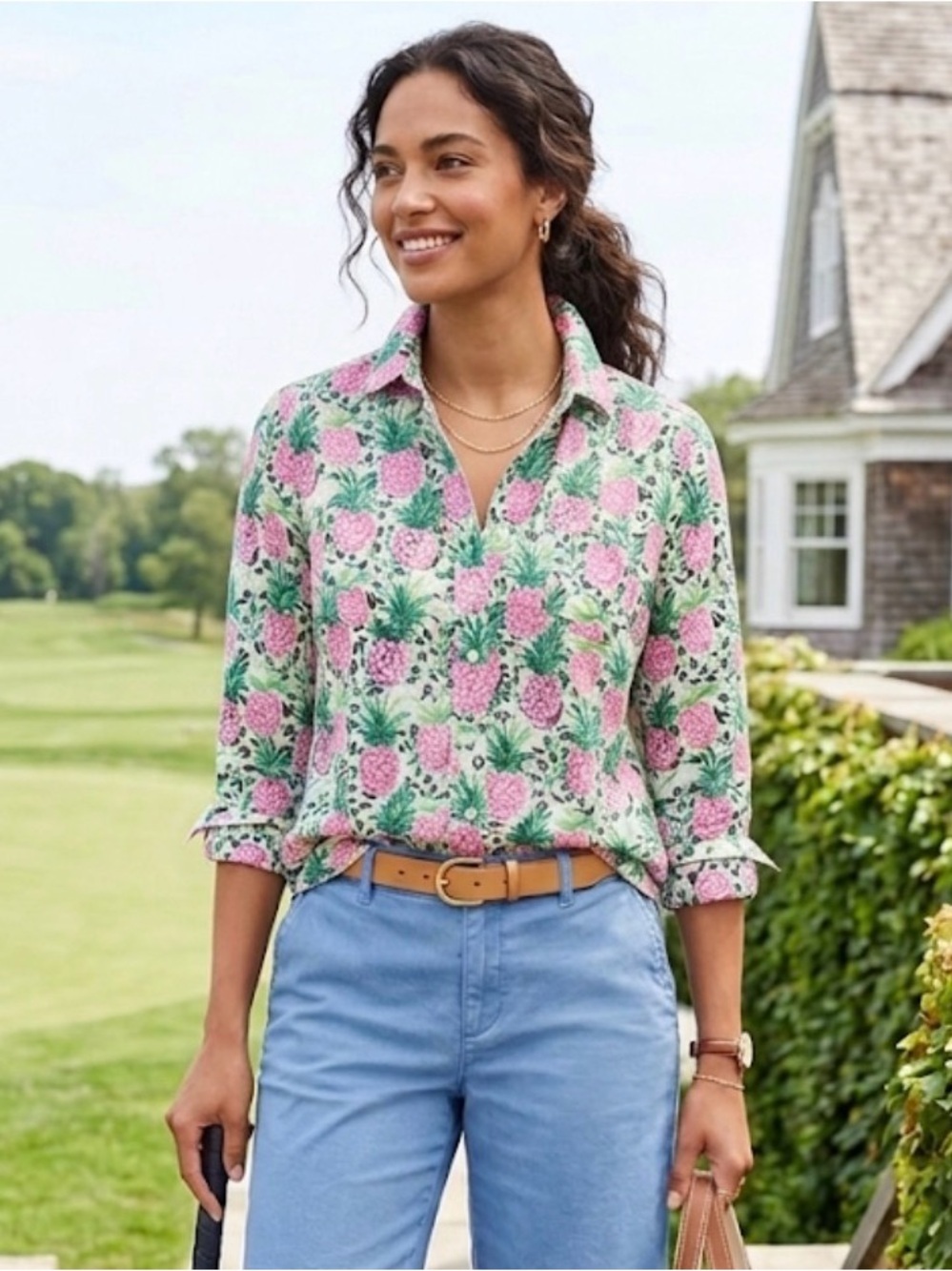 Charter Club Luxury Linen Blend Pineapple Print Button Down Shirt S EUC